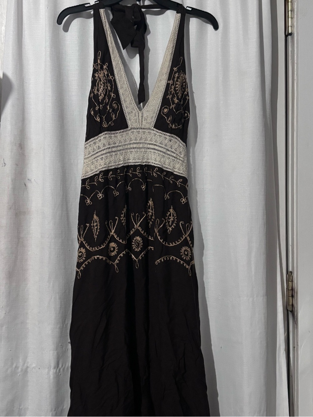 VENUS BrownEmbroidered Crochet Halter Maxi Dress Size 7